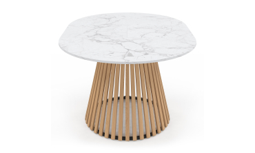 Table repas Camélia plateau rond extensible 110-150cm effet marbre blanc et pieds lattes