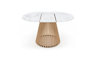 Table repas Camélia plateau rond extensible 110-150cm effet marbre blanc et pieds lattes