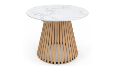 Table repas Camélia plateau rond extensible 110-150cm effet marbre blanc et pieds lattes