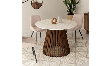 Table repas Camélia plateau rond extensible 110-150cm effet travertin et pieds lattes