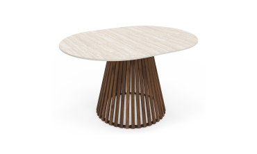 Table repas Camélia plateau rond extensible 110-150cm effet travertin et pieds lattes