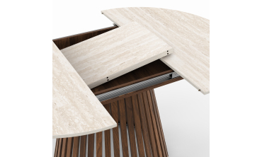 Table repas Camélia plateau rond extensible 110-150cm effet travertin et pieds lattes