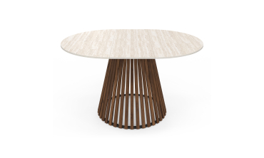 Table repas Camélia plateau rond extensible 110-150cm effet travertin et pieds lattes