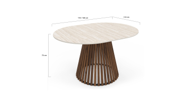 Table repas Camélia plateau rond extensible 110-150cm effet travertin et pieds lattes