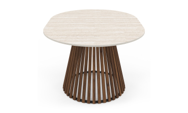 Table repas Camélia plateau rond extensible 110-150cm effet travertin et pieds lattes