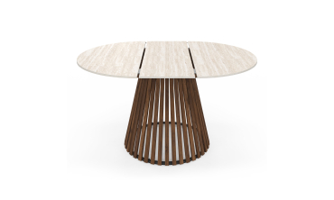 Table repas Camélia plateau rond extensible 110-150cm effet travertin et pieds lattes