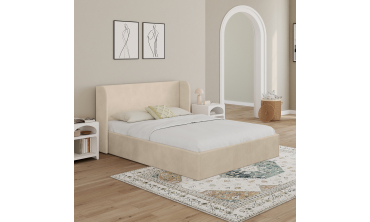 Lit coffre Lucia en velours beige avec sommier et tête de lit 140x190cm