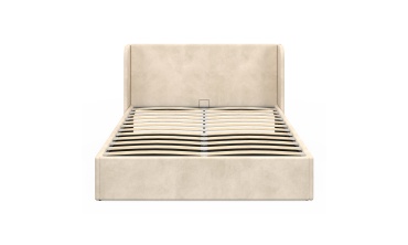 Lit coffre Lucia en velours beige avec sommier et tête de lit 140x190cm