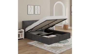 Lit coffre Lucia en velours gris avec sommier et tête de lit 160x200cm