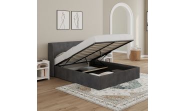Lit coffre Lucia en velours gris avec sommier et tête de lit 140x190cm
