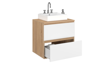 Meuble sous vasque suspendu Tom 2 tiroirs blanc et effet hêtre L60cm