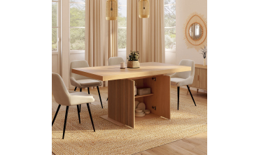 Table à manger extensible Faustine bois et pied lattes avec rangement intégré 160-200cm