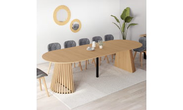 Table à manger ronde extensible Camélia bois et pied lattes Ø110-300cm
