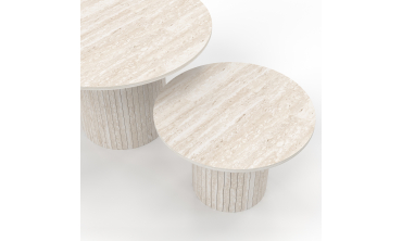 Tables basses rondes gigognes Alvar effet travertin et pieds lattes - lot de 2