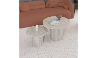 Tables basses rondes gigognes Alvar effet travertin et pieds lattes - lot de 2