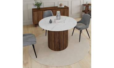 Table à manger ronde Alvar effet marbre blanc et bois noyer Ø110cm