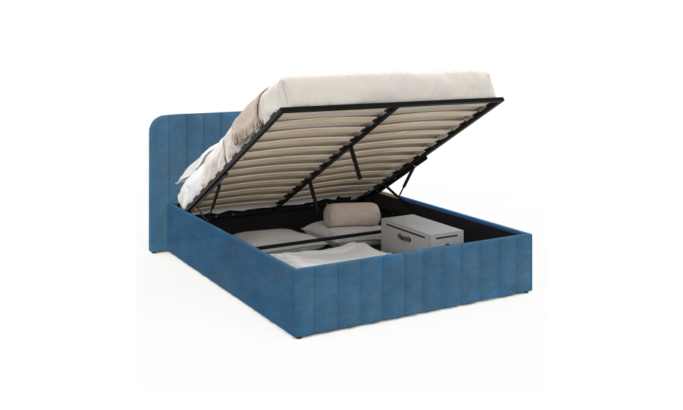 Lit coffre Valentina en velours bleu avec sommier et tête de lit 140x190cm