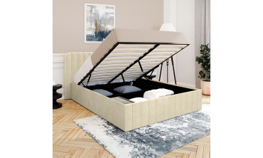 Lit coffre Valentina en velours beige avec sommier et tête de lit 140x190cm