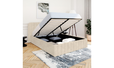 Lit coffre Valentina en velours beige avec sommier et tête de lit 160x200cm