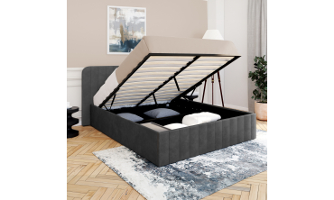 Lit coffre Valentina en velours gris avec sommier et tête de lit 140x190cm