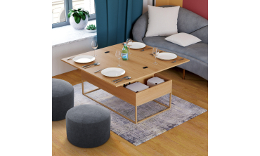 Table basse Memphis avec plateau relevable dépliant et pieds imitation bois