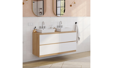 Meuble sous vasque suspendu Tom 4 tiroirs blanc et effet hêtre L120cm