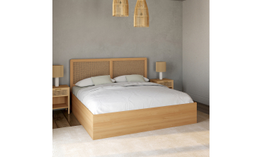 Lit coffre Eve avec sommier et tête de lit en cannage 160x200cm