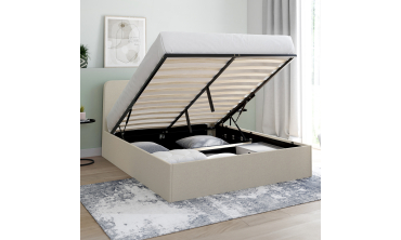 Lit coffre Louise en tissu beige avec sommier et tête de lit arrondie 140x190cm