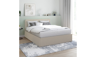 Lit coffre Louise en tissu beige avec sommier et tête de lit arrondie 140x190cm