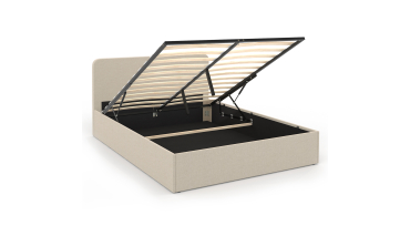 Lit coffre Louise en tissu beige avec sommier et tête de lit arrondie 140x190cm