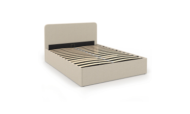 Lit coffre Louise en tissu beige avec sommier et tête de lit arrondie 140x190cm