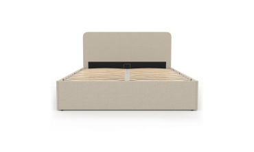Lit coffre Louise en tissu beige avec sommier et tête de lit arrondie 140x190cm