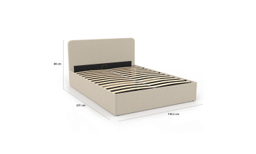 Lit coffre Louise en tissu beige avec sommier et tête de lit arrondie 140x190cm
