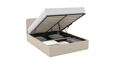 Lit coffre Louise en tissu beige avec sommier et tête de lit arrondie 140x190cm