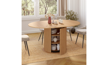 Table à manger ronde extensible Albane bois et pied lattes avec rangements Ø110-150cm Table à manger ronde extensible Albane bois et pied lattes avec rangements Ø110-150cm