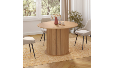 Table à manger ronde extensible Albane bois et pied lattes avec rangements Ø110-150cm Table à manger ronde extensible Albane bois et pied lattes avec rangements Ø110-150cm