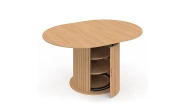 Table à manger ronde extensible Albane bois et pied lattes avec rangements Ø110-150cm Table à manger ronde extensible Albane bois et pied lattes avec rangements Ø110-150cm
