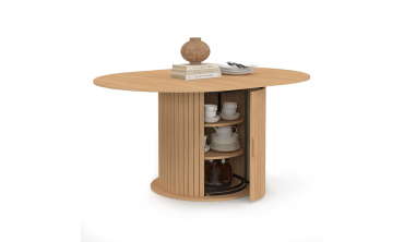Table à manger ronde extensible Albane bois et pied lattes avec rangements Ø110-150cm Table à manger ronde extensible Albane bois et pied lattes avec rangements Ø110-150cm