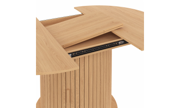 Table à manger ronde extensible Albane bois et pied lattes avec rangements Ø110-150cm Table à manger ronde extensible Albane bois et pied lattes avec rangements Ø110-150cm