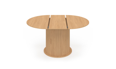 Table à manger ronde extensible Albane bois et pied lattes avec rangements Ø110-150cm Table à manger ronde extensible Albane bois et pied lattes avec rangements Ø110-150cm