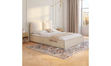 Lit coffre Lilou en velours beige avec sommier et tête de lit effet oreiller 140x190cm