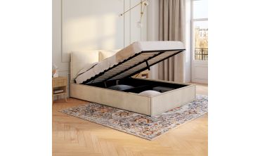 Lit coffre Lilou en velours beige avec sommier et tête de lit effet oreiller 140x190cm