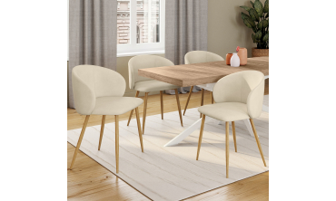 Chaises Léona velours crème et pieds métal bois - lot de 4
