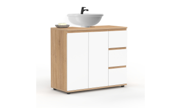 Meuble sous vasque Tom effet hêtre placards blancs