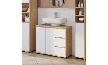 Meuble sous vasque Tom effet hêtre placards blancs