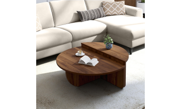 Tables basses rondes asymétriques effet bois noyer