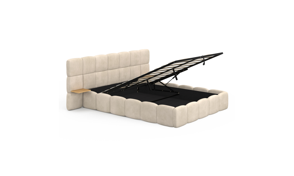 Lit coffre Bubble 140x190cm velours beige chevets intégrés