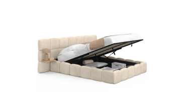 Lit coffre Bubble 140x190cm velours beige chevets intégrés
