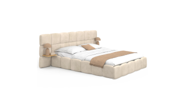 Lit coffre Bubble 140x190cm velours beige chevets intégrés