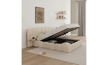 Lit coffre Bubble 140x190cm velours beige chevets intégrés